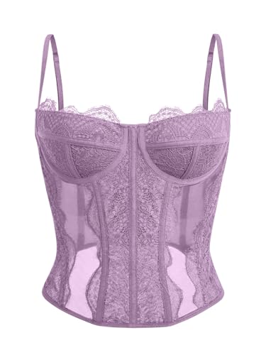 Dealmore Corset Tops For Women Going Out Lace Mesh Date Night Fall Fashion Outfits Clothes Crop Cute Party Strap Tank Light Purple Medium