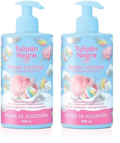 Tulipán Negro Loción Corporal con dosificador Nube de Algodón, máxima hidratación 400 ml, intensamente perfumado y para todo tipo de pieles (Paquete de 2)