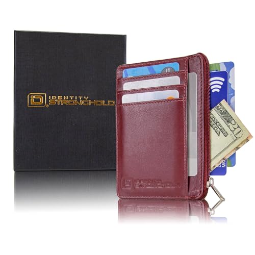 Image of ID STRONGHOLD RFID Front Pocket Wallet Mini Minimalist Wallet Slim Wallet Genuine Leather with Zipper , Red , Small