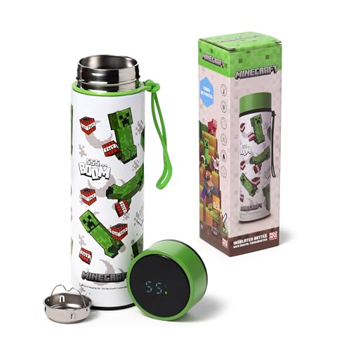 Puckator Botella térmica de acero con termómetro LED – Creeper & TNT – Botella Minecraft 450 ml – Diseño de doble pared
