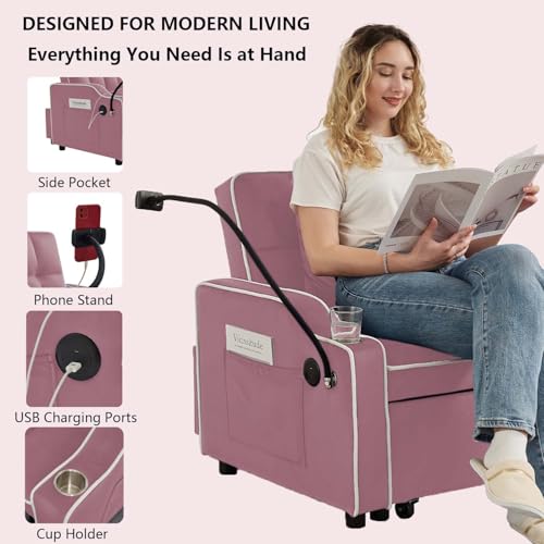 Image of Convertible Sofa Bed, 3 in 1 Futon Sofa Bed with USB Charging Ports, Cup Holder, Phone Stand & Pocket, Modern Upholstered Sleeper Sofa for Living Room, Apartment or Small Space (Pink)