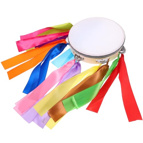 CVUTOVO Tambourine Hand Drum with Ribbons Dual-sided Educational Percussion Instrument for Parties and Stage Sturdy Construction