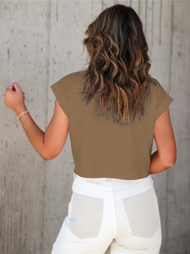 Image of Tankaneo Womens Short Sleeve Cropped T-Shirts Summer Rolled Dolman Sleeve Crop Tops Casual Round Neck Solid Short Basic Tees