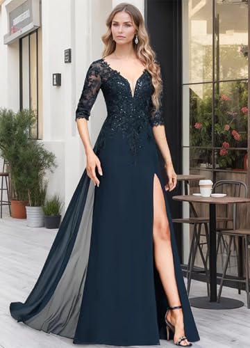Sequins Applique Chiffon Mother of The Bride Dresses for Wedding V Neck Mother of The Groom Dresses for Women with Split4