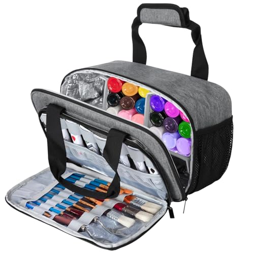 Image of Acrylic Paint Organizer Bag, Large Capacity Bag for 54 Bottles 2 oz Acrylic Paint,Extra Pocket for Paint Brushes, Palette Board, Aluminum Foil Liner for Easy Cleaning, Grey