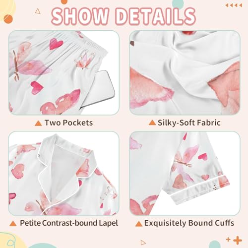senya Pink Butterflies with Hearts Satin Summer Pajama Sets Silk Short Sleeve Button Down Sleepwear3