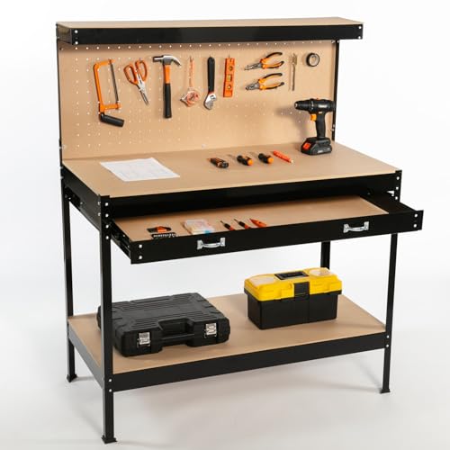SwitZer New Black Steel Garage Tool Box Toolbox Work Bench Workbench Storage With Drawers Pegboard and 20 Pegs Shelf DIY Workshop Station