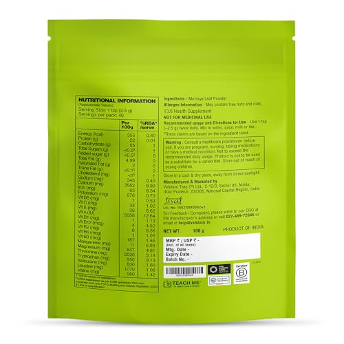 Image of VAHDAM Moringa Powder 200g | Pure Leaves, No Stems | Natural Source of Vitamins, Minerals & Amino Acids | For Smoothies, Cooking & Daily Nutrition | Non-GMO | 80 Servings (Pack of 2)