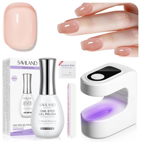SAVILAND One-Step Gel Nail Polish Kit: Sheer Jelly Nude 5-In-1 Gel Polish Base Top Coat Builder Reinforcement In One Bottle with U V Light Quick Easy Manicure Home DIY Gift Travel Kit 15 ML