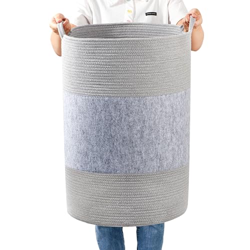 Image of Homlikelan 90L Jumbo Laundry Hamper,17" x 17" x 24" Extra Large Woven Laundry Basket for Blanket Storage, Tall Baby Nursery Hamper for Toys in Bedroom,Living Room Grey