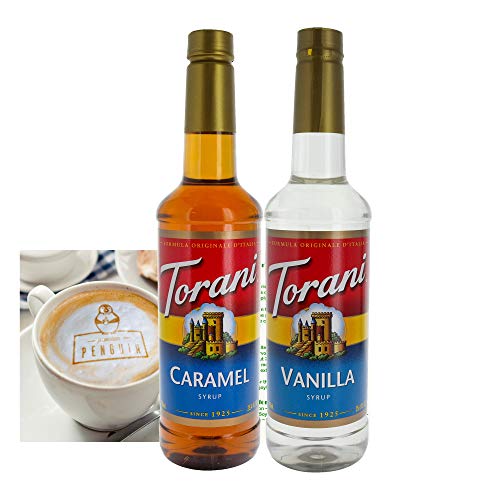 Torani Caramel/Vanilla Flavored Syrup Bundle (2 Pack) - Perfect for Coffees, Lattes, Frappes, and More -25.4 Fl Oz (750 mL) per Bottle - Comes with a Premium Penguin Coffee Card