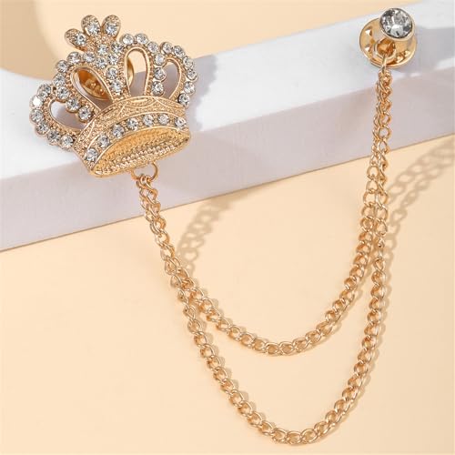 Image of coadipress Crown With Hanging Chain Brooch for Women Men Elegant Gentlemen Gold Silver Crystal Crown Lapel Pin Vintage Rhinestone Wedding Brooch Suit Shirt Pin Accessories