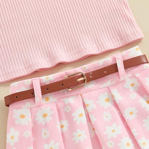 Image of BeQeuewll Toddler Baby Girl Summer Clothes Daisy Flower Girl Outfit Knit Shirt Mini Pleated Skirts Set Outfits for Grils1-4T (Pink, 2-3 Years)