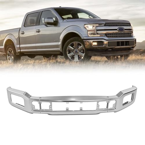 DTANNCCE Front Bumper Impact Face Bar Compatible with 2018 2019 2020 Ford F-150 F150 With Fog Light Cutout Hole Replacement for JL3Z17757A FO1002430 Chrome Bumper Replacement 3 Piece Design