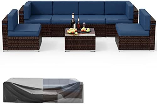 Amopatio Patio Furniture Set 7 Pieces Patio Conversation Set Outdoor Sectional Wicker Rattan Sofa Couch with All-Weather Cover, Patio Furniture with Cushion Fits Porch Garden Backyard Balcony(Blue)