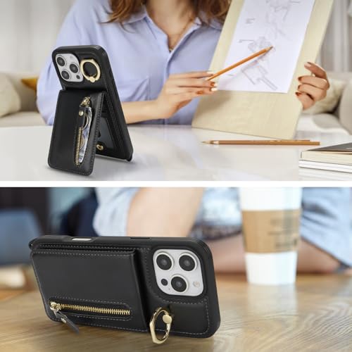 Zouzt for iPhone 16 Pro Max Case with Cord and Card Holde, Zipper Wallet Case with Crossbody Lanyard Ring Adjustable Necklace Protective Cover Women for iPhone 16 Pro Max 6.9 Inch - Black - Image 3