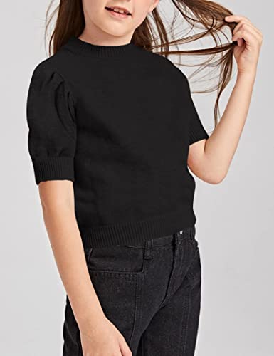 Macnoora Girls Puff Short Sleeve Sweaters Crewneck Knit Pullover Jumper Kids Solid Color Blouse Tops #TOP2