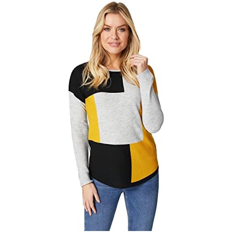 Izabel London Colour Block Long Sleeve Knitted Sweater for Women UK with a Round Neck Long Sleeves a Curved Hem and a Relaxed fit Sitting at The Hips. Mustard Cover