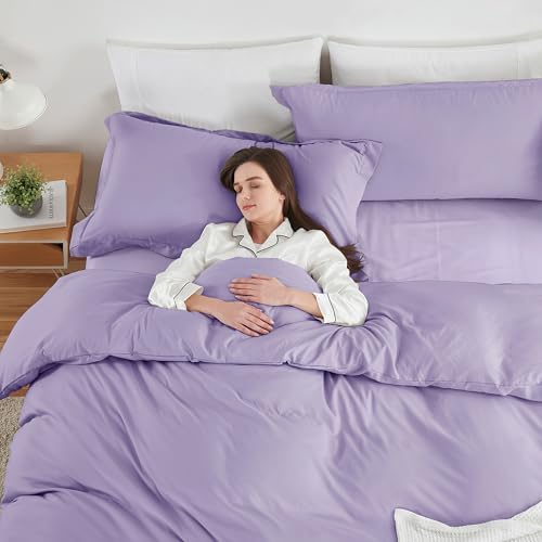 Image of Hearth & Harbor Lavender Duvet Cover with Fitted Sheet Twin Size | 3 Piece Soft Double Brushed Bedding Set, Button Closure, 1 Duvet Cover 68x90 Inches, 1 Fitted Sheet, 1 Pillow Sham