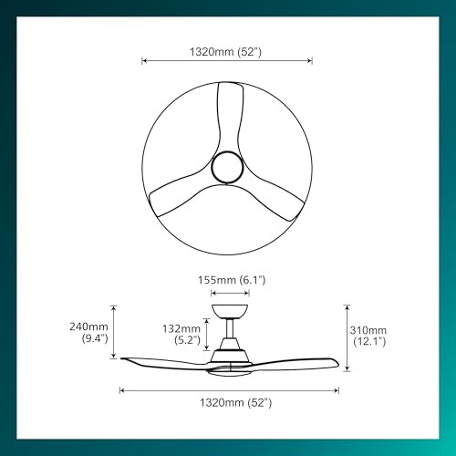 Philips Fixed Blade Fan Ceiling, 3 Blades, big (52") 28W LED Light, DC Motor, Color Temperature Range (3000 K, 4300 K, 6500 K) with Dimming Function, Remote Included