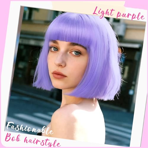 Image of LIULIUBTY Short Bob Hair Wigs Straight with Flat Bangs Synthetic Colorful Cosplay Daily Party Neon Wig for Women + Free Wig Cap 12 inch Natural As Real (Violet)