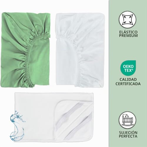 Miniatura 3 de Lovely Hippo 2 Sábanas Bajeras 80x160 Cm 100 Algodon 1 Protector De Colchón Impermeable - Ropa De Cuna Lote De 3 - Sábana 80x160 Compatible Cama Montessori 80x160 Blanco Eucalipto, 80 X 160 Cm
