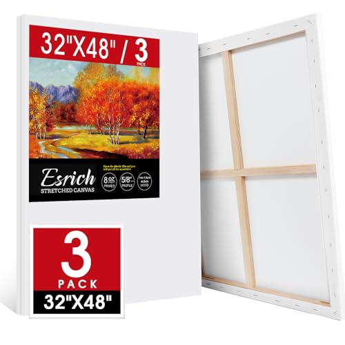 ESRICH Stretched Canvas for Painting 32x48 Inch 3Pack Large Canvas for Painting Primed Acid-Free Cotton Blank Canvases Art Paint Canvases for Oil Paint Watercolor Acrylic Paint Gouache and Tempera.