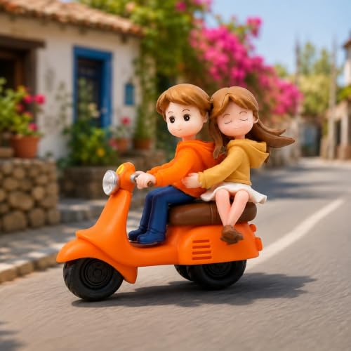 Cute Couple on Orange Scooter Resin Showpiece | Romantic Boy Girl...