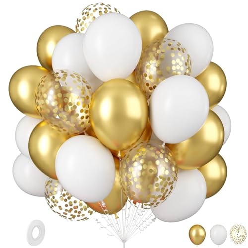バルーン 風船 40個 ゴールド ホワイト 10インチ ゴム風船 豪華セット 誕生日 飾り付け ラテックス風船 紙吹雪風船 メタリック風船 バースデーパーティー 結婚式 記念日 イベント バルーンブーケ お祝い 飾り デコレーション 白 金のサムネイル