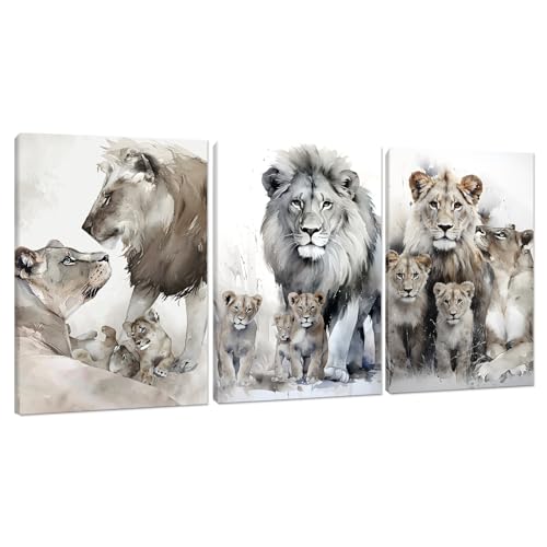 Lion Family Portrait Pictures Wall Decor Artwork Modern 3 Piece Lion Poster Wall Art Animal Canvas Paintings Living Room Home Office Decorations, Framed 72”W x 36”H