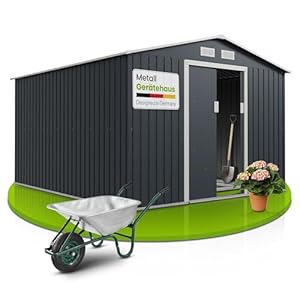 Juskys Metall Gerätehaus XXL 15m³ mit Satteldach, Schiebetür & Fundament - 277 x 319 x 192 cm - anthrazit - Geräteschuppen Gartenhaus Metallgerätehaus