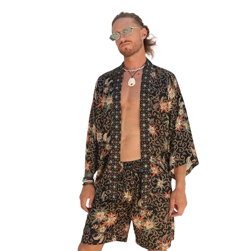 Aphea Fashion Men’s Boho Kimono Set with Shorts – Silky-Soft Bali Lounge Robe, Free Size S–L Summer Style (US, Alpha, One Size, Black & Blue)