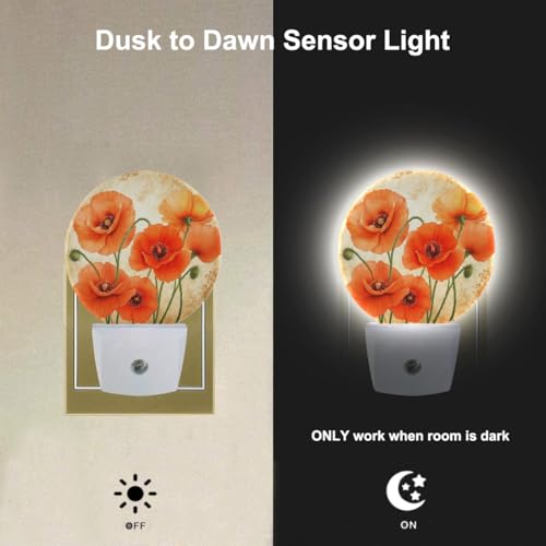 Image of EKOBLA Poppy Flower Night Light, Vintage Red Orange Floral Night Lights Plug Into Wall with Dusk to Dawn Sensor for Hallway