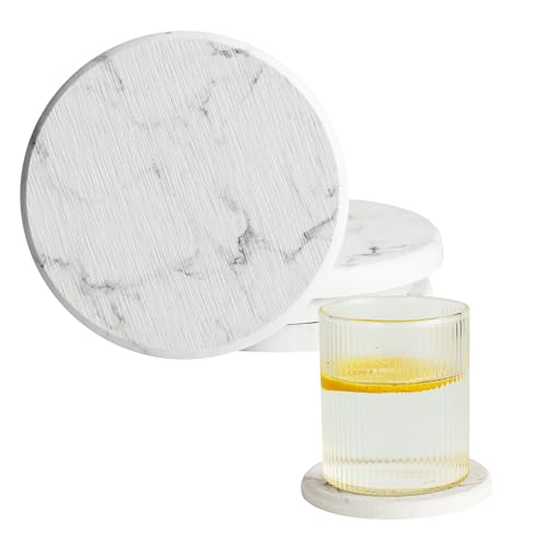 Nookawoo Stone Coasters for Drinks, Set of 4 (Dia. 4 in), Quick Absorbent Diatomaceous Earth Coaster with Aesthetic Marble Pattern, Desk & Coffee Table Decor, House Warming Gifts New Home - White