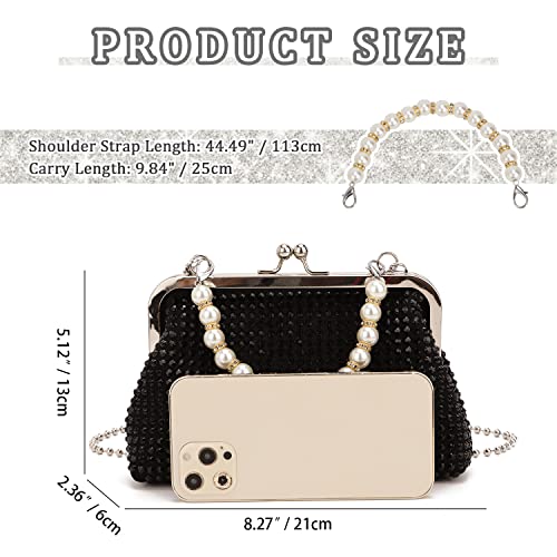 Sukutu Women Luxury Full Rhinestone Shoulder Bag Noble Kiss Lock Crystal Messenger Bag Clutch Handbag With Pearl Beaded Chain #TOP2