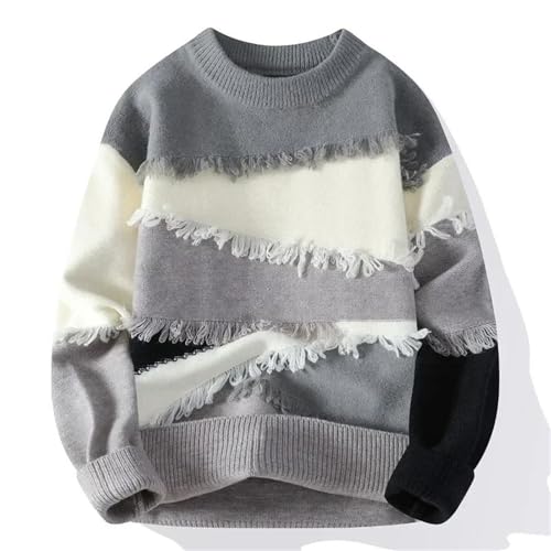 Men’S Retro Hole Fringed Patchwork Knit Pullover Round Neck Long Sleeve Slip-On Vintage Tassel Jumper Tops2
