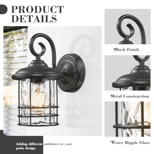 Emliviar 2 Pack Outdoor Wall Lighting Fixtures, 10" Exterior Carriage Lights with Water Ripple Glass, Die-Cast Aluminum in Black Finish, OS-1803CW1-WG by Emliviar - Image 4