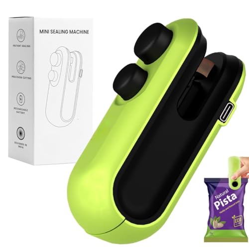 DINEDUST 2-in-1 Mini Heat Sealer & Cutter | Rechargeable Handheld Plastic Bag Sealing Machine | Portable Food Saver for Snacks, Chips, Mylar Bags (Green)