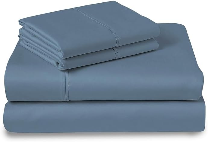 Pizuna 100% Cotton Sheets Set Queen 400 Thread Count Dusty Blue | Long Staple Combed Cotton Sateen Weave Sheet Set with 15" Deep Pocket Luxurious Hotel Quality 4 Piece Cooling Bed Sheets