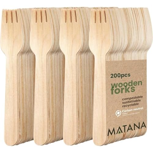 MATANA - 100% Natural Disposable Bamboo Wooden Forks 5.5" Inch (200 Pack) - Compostable Cutlery, Biodegradable Utensils for Garden Parties & Summer Ev