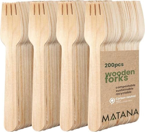 MATANA 200 Holzgabeln - Einweggabeln für BBQ, Picknicks & Mehr - Einweg Besteck, Holzbesteck für Mahlzeiten im Freien, Holzgabel Set - Gabeln Einweg - 16cm
