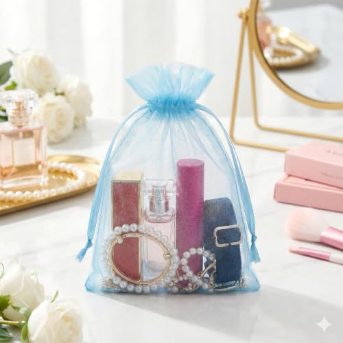 Image of FUNFERY 100PCS Baby Blue Organza Gift Bags 4x6in,Drawstring Jewelry Pouch
