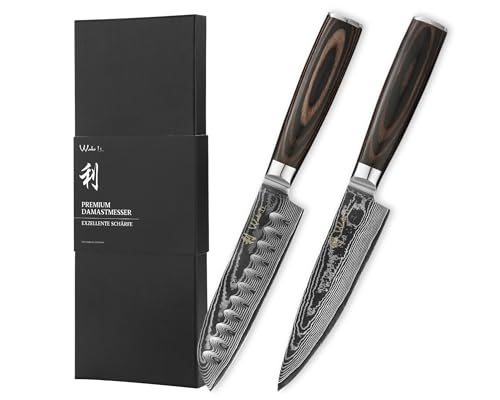 Set con coltello da cucina e coltello Santoku: include un coltello da cucina affilato da 20 cm e un coltello Santoku da 17,5 cm, versatile per carne, verdure e pesce, ideale per un taglio preciso e risultati professionali.