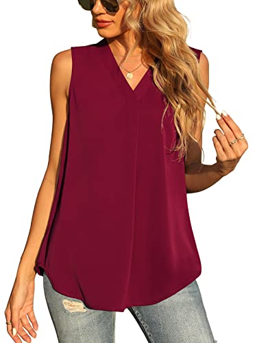 Yommay Mujeres de verano sin mangas chalecos de gasa sin mangas para mujer, blusa suelta casual con cuello en V blusas camisas, Borgoña, M