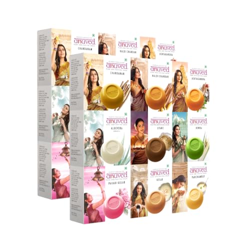 Image of Anuved Family Combo (Pack of 18) Herbal Soaps,125g each Chandanam, Kewda, Utane, Kesar, Panchamrut, Ashtagandha, Aloe Vera, Haldi Chandan & Pahadi Gulab with Sacred Indian Herbs,Enriched with Gangajal