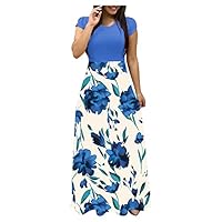 Summer Dresses for Women UK, Elegant Boho Vacation Floral Tie Belted Patchwork Empire Waist Dress - Short Sleeve Modest A Line Beach Flowy Maxi Dress for Gifts Wedding Guest Evening Gowns