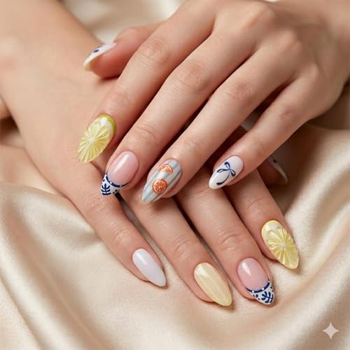 Almond Press on Nails Medium Length with 3D Lemon Fruit and Bow D...