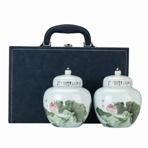 Tarro De Almacenamiento De Té Recipiente de cerámica for almacenar té suelto, tarro de almacenamiento sellado for cocina, juego de caja de regalo con tarro individual o doble for té retro Lotus Conten