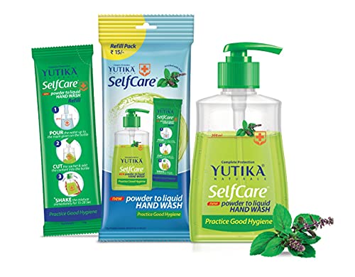 Image of Yutika Selfcare Powder To Liquid Hand Wash Combo Pack With Empty Bottle + 10 Refill Pack Of 9Gm Each (1 Refill Makes 200ml Hand Wash) Neem