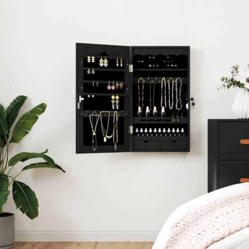 Tonture Armario para joyas con espejo, color negro, 37,5 x 10 x 67 cm, montaje en pared, con cerradura con espacio para joyas, perfumes y cosméticos, ahorra espacio para baño, dormitorio y vestíbulo